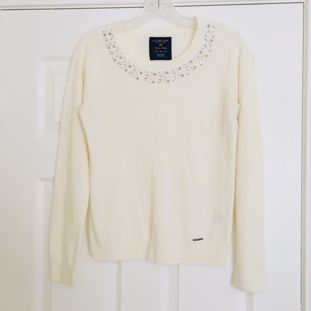 U.S. Polo Assn. Jeweled Necklace White Sweater